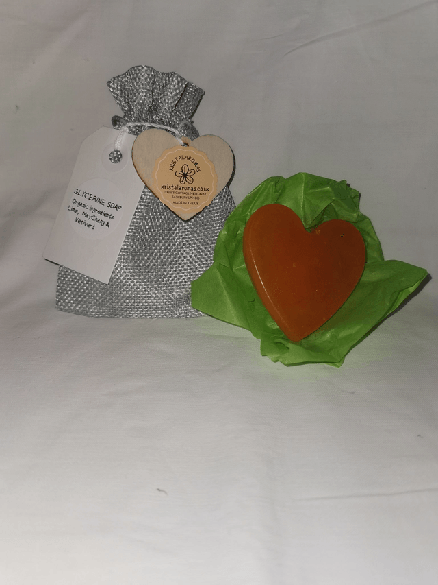 Glycerine Soap Heart Shaped (organic ingredients Lime, MayChang & Vetivert) 30-40g approx