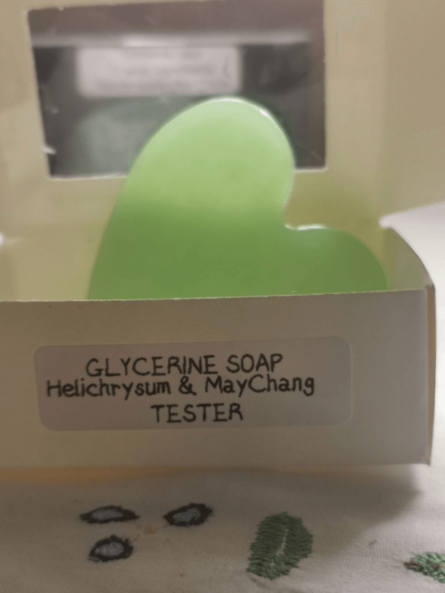 Glycerine Soap (organic ingredients) with organic Helichrysum & May Chang         80 gm approx