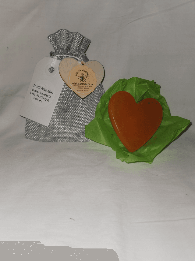 Glycerine Soap Heart Shaped (organic ingredients Lime, MayChang &amp; Vetivert) 30-40g approx